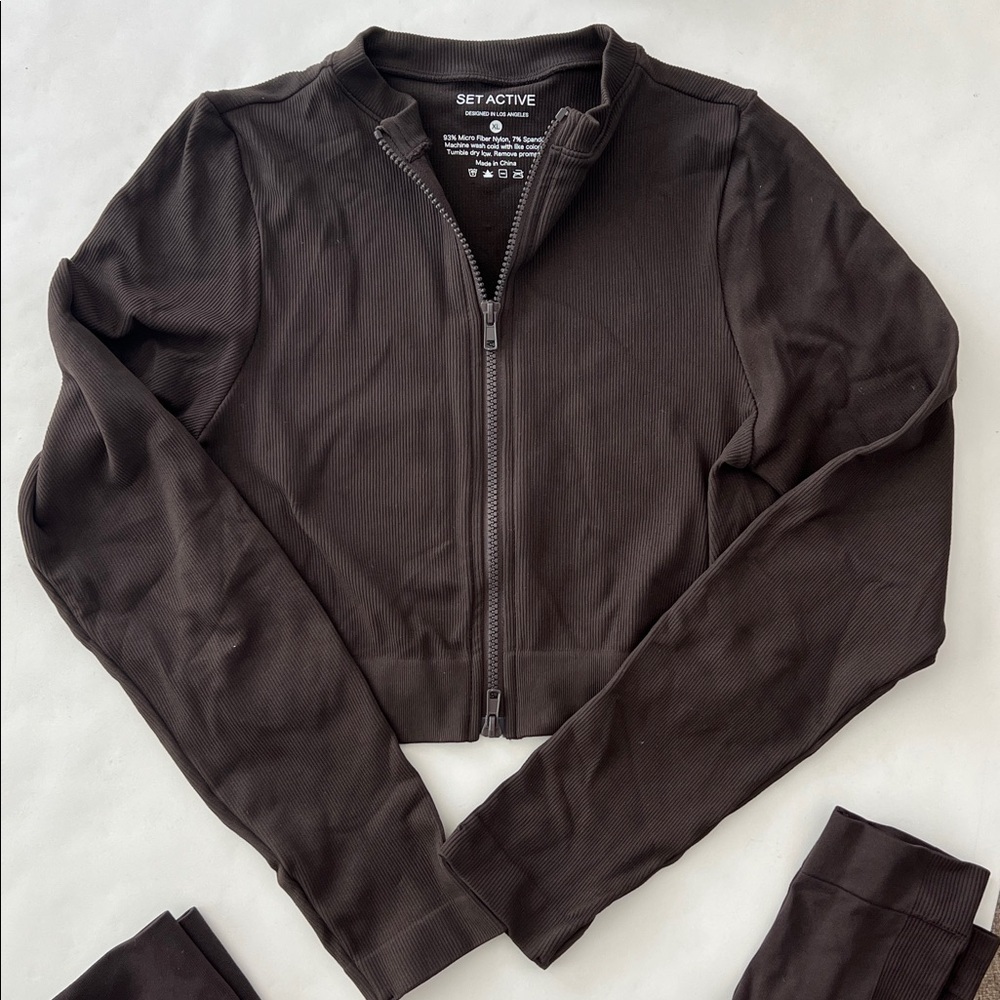 SET ACTIVE 2 Piece Set - Sculptflex Zip Jacket & Leggings Espresso Brown L/XL - Picture 4 of 8